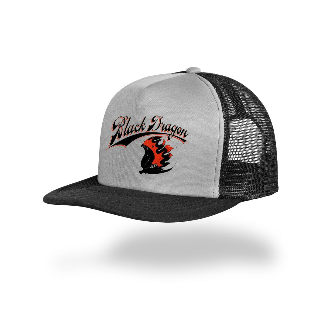 BD136 - Black Dragon Flaming Helmet Foam Trucker Hat Grey
