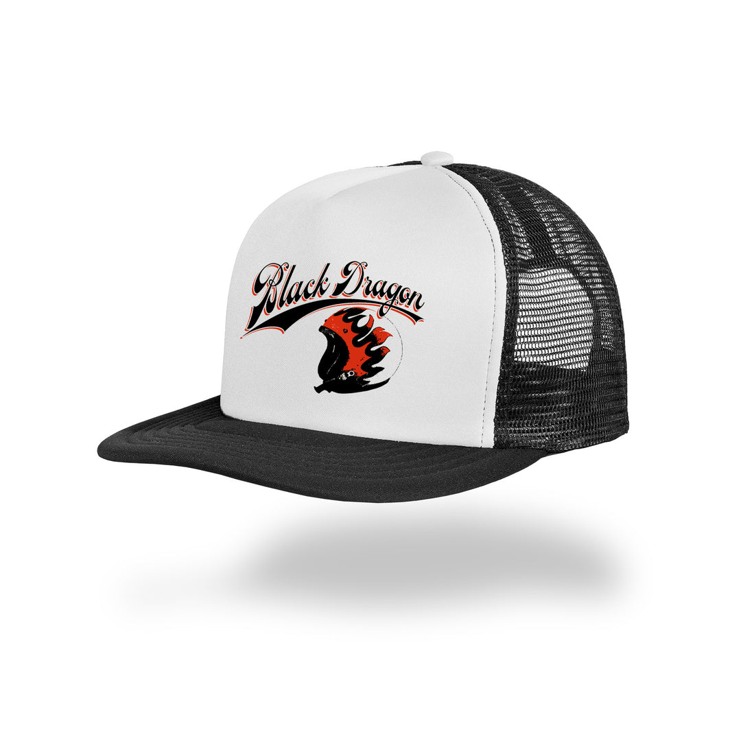 BD137 - Black Dragon Flaming Helmet Foam Trucker Hat White